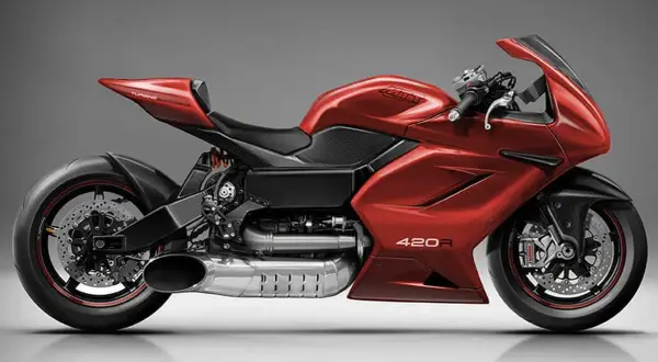 Motocicleta deportiva roja MTT 420RR, con líneas aerodinámicas y detalles en fibra de carbono.
