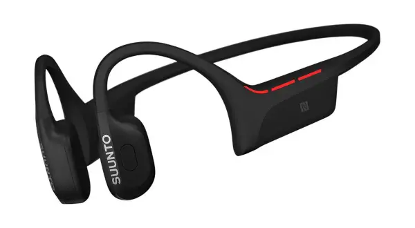 Casque noir à conduction osseuse SUUNTO, idéal pour les malentendants, avec indicateurs lumineux rouges.
