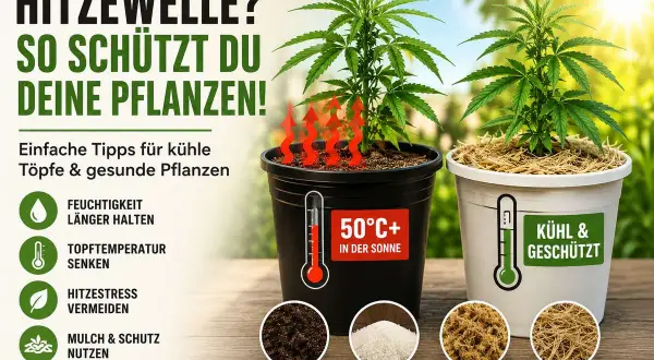 Hitzeschutz selber machen: Tipps für kühle Töpfe & gesunde Pflanzen bei Hitze. Mit Mulch und anderen Materialien die Topftemperatur senken.