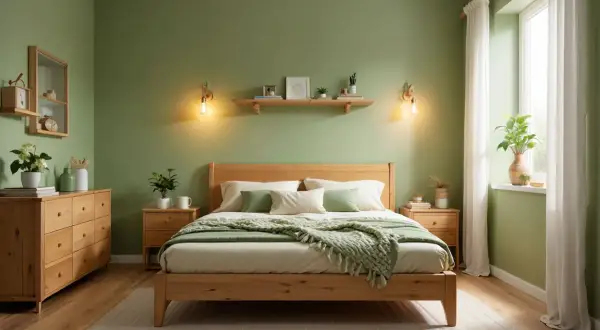 Une chambre vert et bois, paisible et lumineuse, avec un lit en bois, des tables de chevet, une commode et des étagères décorées de plantes.