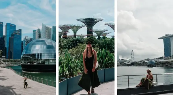 Trzy ujęcia z Singapuru, najmniejszego państwa w Azji: nowoczesne budynki, futurystyczne ogrody i widok na zatokę z kobietą w centrum.