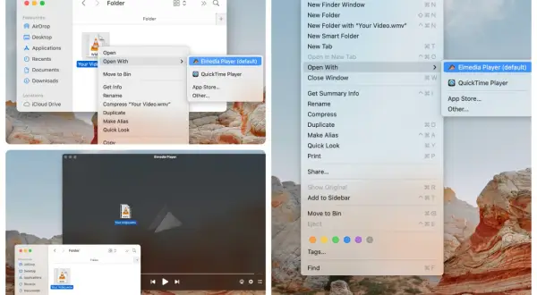 macOS Finder showing how to open .wmv files with Elmedia Player, the default application.