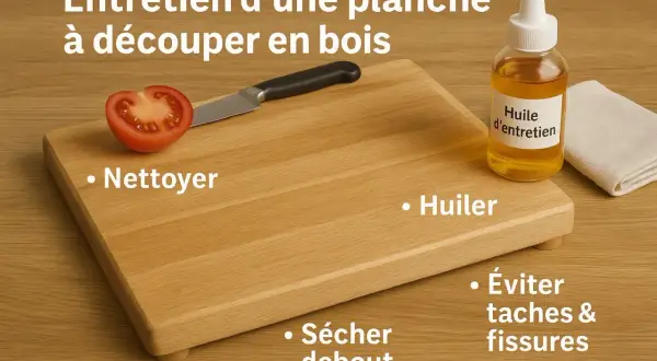 Conseils pour comment traiter une planche à découper en bois : nettoyer, huiler, sécher debout pour éviter taches et fissures.