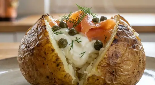 Pomme de terre au four fumante, garnie de crème, saumon fumé, câpres et aneth. Un délice simple et réconfortant.