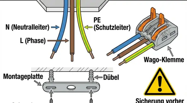 Anleitung zum Deckenlampe abmontieren: Kabel (N, L, PE) mit Wago-Klemme verbinden, Montageplatte mit Schrauben und Dübeln befestigen. Achtung: Sicherung vorher abschalten!