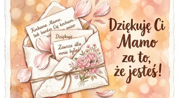 Piękne kartki życzenia na Dzień Mamy z kopertą, kwiatami i wzruszającymi słowami: "Kochana Mamo, tak bardzo Cię kocham...", "Dziękuję Ci Mamo za to, że jesteś!".