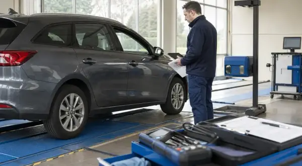 Meccanico con tablet e fogli accanto a un'auto grigia in officina, per l'allestimento auto libretto.