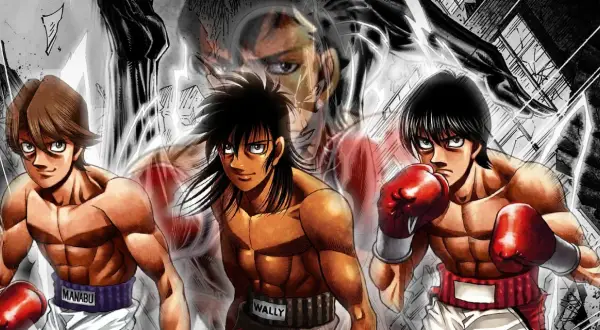 Three boxers, Manabu, Wally, and another, are ready to fight. Their determined faces and clenched fists hint at how fast is a punch.