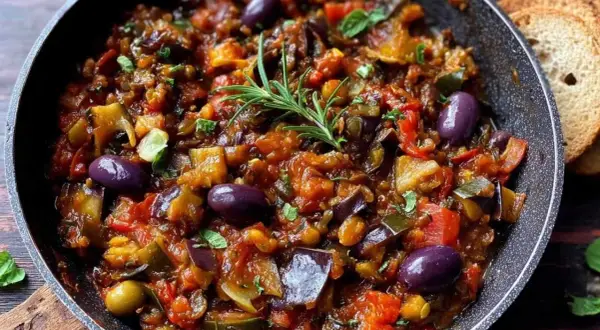 Un plat de caponata sicilienne savoureux, garni d'olives violettes et d'une branche de romarin frais, prêt à être dégusté avec du pain grillé.