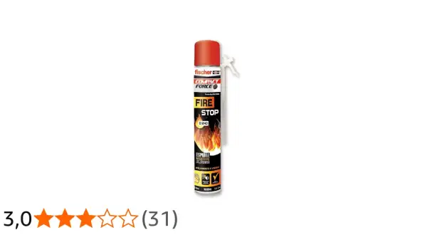 Espuma de poliuretano Fischer "Fire Stop" para aislamiento resistente al fuego. Ideal para sellar huecos y prevenir la propagación del fuego.