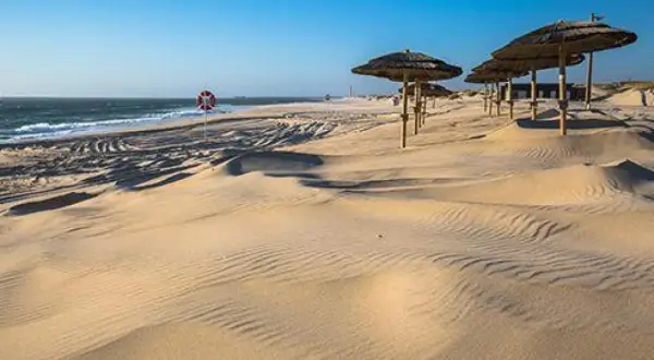 Dunas de arena dorada con sombrillas de paja y un salvavidas, un oasis de paz que recuerda a las playas cerca de Salamanca.