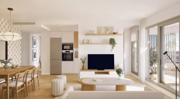 Salón moderno con comedor y cocina integrados. La diferencia entre piso y apartamento se nota en la amplitud y las vistas desde el balcón.