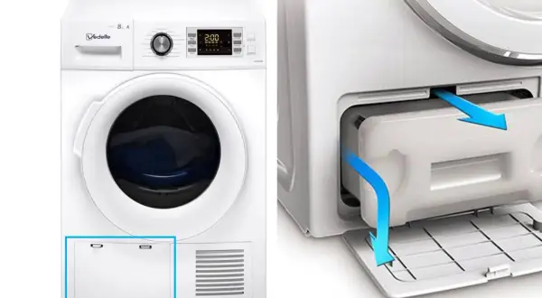 Sèche linge Vedette. Le filtre à condensation est retiré, peut-être que le sèche linge ne chauffe plus à cause de cela.