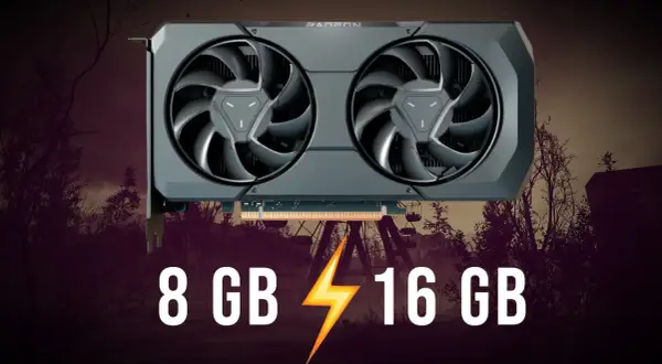 Karta graficzna AMD Radeon Vega 8 z 8 GB i 16 GB pamięci VRAM, na tle opuszczonego wesołego miasteczka.