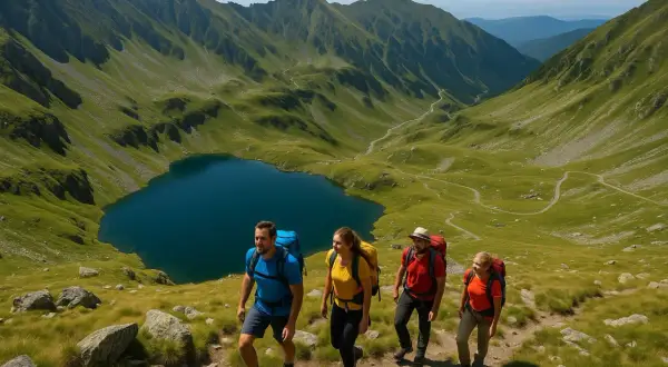 Grupa turystów wędruje po malowniczych górach fogaraskich, podziwiając jezioro i kręte ścieżki.