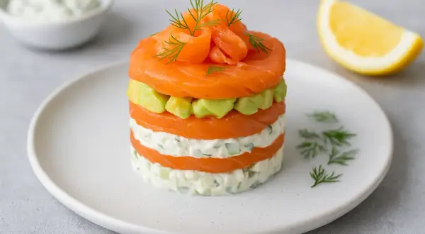 Un millefeuille saumon et avocat, garni d'aneth, sur une assiette blanche. Un quartier de citron est visible à droite.