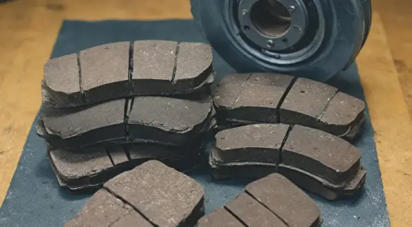 Piles de plaquettes de frein neuves, prêtes à être installées. Chaque roue de voiture utilise généralement deux plaquettes.