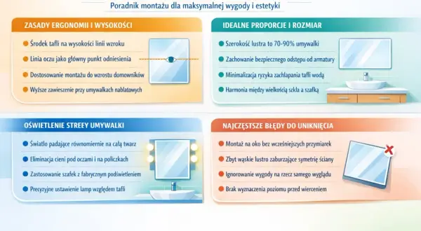 Zasady montażu lustra w łazience: środek tafli na wysokości linii wzroku, dopasowanie do wzrostu domowników. Idealne proporcje i oświetlenie.