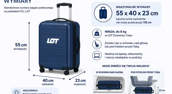 Granatowa walizka kabinowa LOT z uchwytem i kółkami. Wymiary: 55x40x23 cm, waga do 8 kg. Idealna na podróż.
