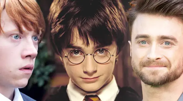 Drei Harry Potter Schauspieler: Rupert Grint, Daniel Radcliffe als Kind und Daniel Radcliffe als Erwachsener.