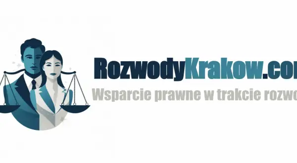 Ilustracja pary prawników z wagą sprawiedliwości i logo RozwodyKrakow.com.