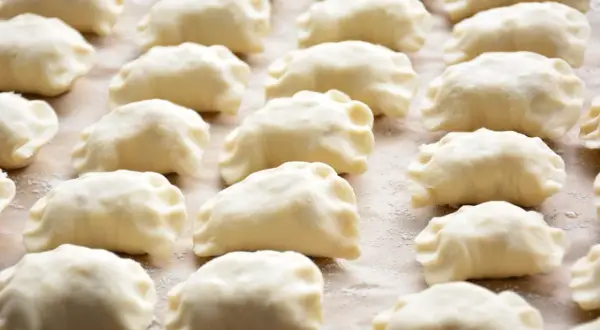 Rządki surowych pierogów z farszem na pierogi ruskie, gotowe do gotowania.