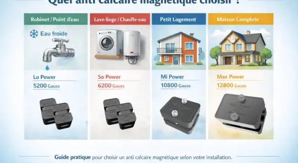 Guide pour choisir un anti calcaire magnétique. Aide à prévenir la formation du calcaire pour robinet, lave-linge, petit logement ou maison complète.