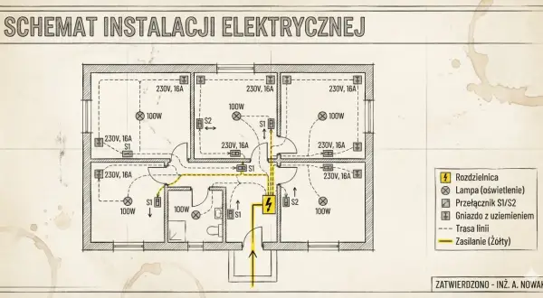 Schemat instalacji elektrycznej mieszkania z rozmieszczeniem gniazd, lamp i przełączników.