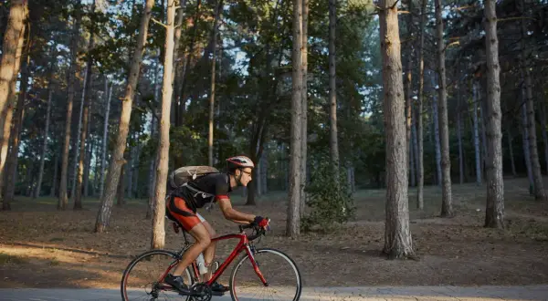 Mężczyzna w kasku i okularach jedzie na rowerze przez las. Idealne miejsce, gdzie na rower.