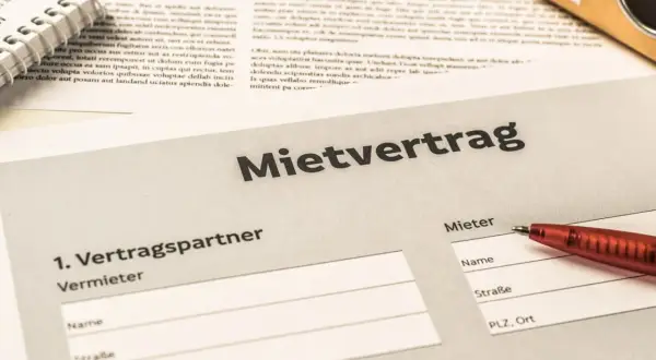 Mietvertrag mit Feldern für Vermieter und Mieter, bereit zum Ausfüllen. Ein roter Stift liegt bereit, um die Details des Mietvertrags nach § 545 BGB festzuhalten.