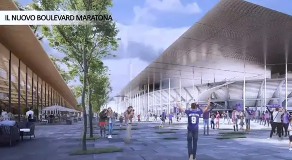 Nowoczesny fiorentina stadion z zadaszeniem i placem przed nim, gdzie spacerują kibice.