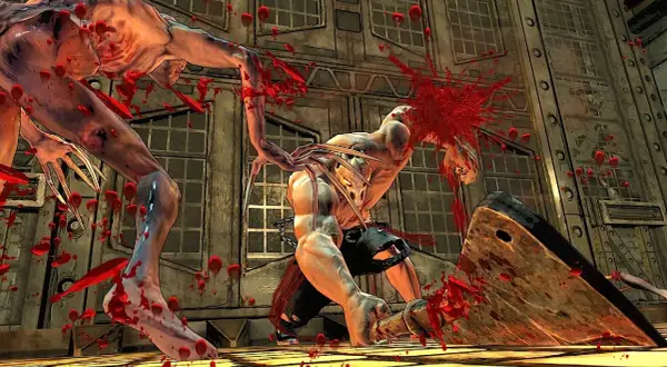 Krwawa scena z gry Splatterhouse: potwór z pazurami atakuje przeciwnika gigantycznym tasakiem, rozpryskując krew.