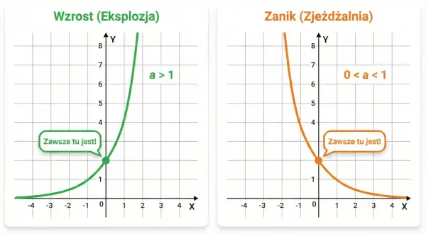 Wykresy ilustrujące funkcję wykładniczą: wzrost (a>1) i zanik (0<a<1).