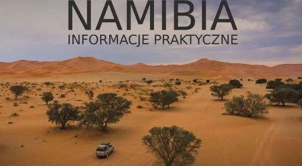 Plan podróży i koszty na wycieczkę do Namibii. Pustynny krajobraz z drzewami akacjowymi i samochodem terenowym.