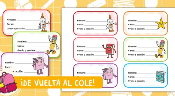 Plantillas de etiquetas para imprimir gratis con dibujos de útiles escolares animados. ¡Perfectas para la vuelta al cole!