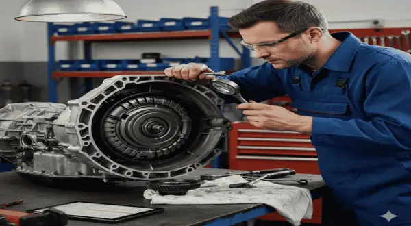 Mecánico revisa con lupa un complejo cambio CVT, asegurando su perfecto funcionamiento.