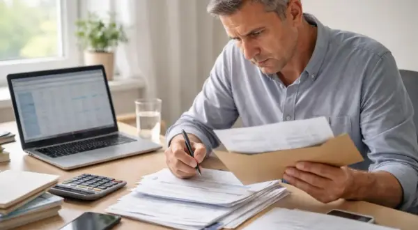 Homme concentré sur des papiers, calculatrice et ordinateur portable. Il semble gérer des documents importants, peut-être une dénonciation CAF.