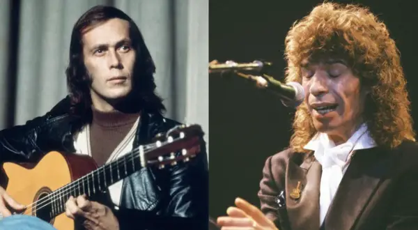 Dos imágenes de Camarón de la Isla, uno tocando la guitarra y otro cantando, evocando sus canciones más famosas.