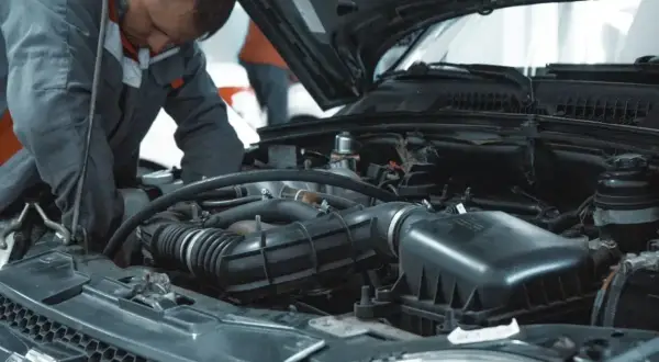 Mechanik pracuje przy silniku samochodu, sprawdzając, ile kosztuje wymiana oleju.