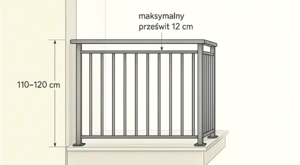 Wysokość balustrady balkonowej 110-120 cm, maksymalny prześwit 12 cm.