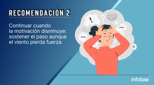 Una mujer con las manos en la cabeza, rodeada de símbolos de confusión, representa la lucha por mantener la motivación personal.