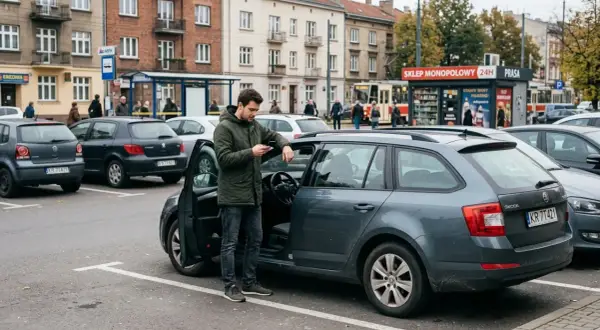 Mężczyzna przy otwartych drzwiach samochodu sprawdza coś na telefonie. W tle parking, budynki i sklep monopolowy.