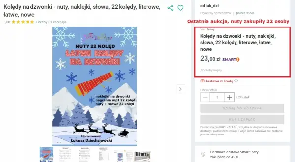 Nuty 22 kolęd na dzwonki chromatyczne, łatwe, literowe, z naklejkami i nagraniami mp3. Ostatnia aukcja, nuty zakupiły 22 osoby.