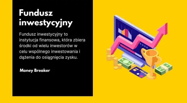 Grafika przedstawia wykres wzrostu, monety, banknoty i puchar, symbolizujące sukces dzięki inwestycjom. Narodowy fundusz inwestycyjny pomaga osiągnąć zysk.