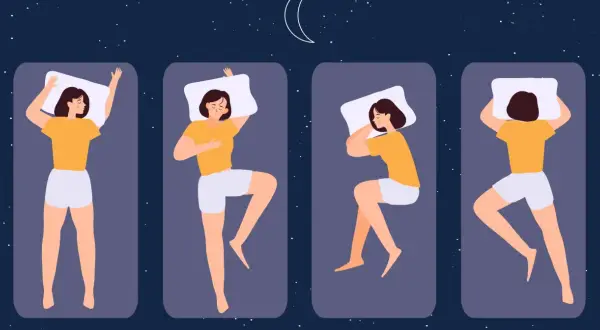Ilustracja pokazuje cztery różne pozycje snu: na plecach, na boku z ręką na piersi, na boku z podkurczonymi nogami i na plecach z rękami wzdłuż ciała.