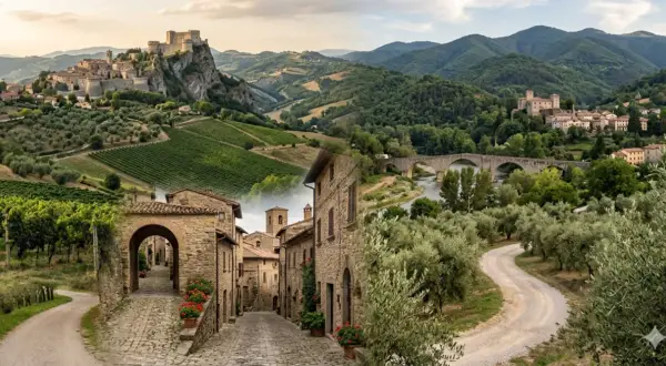 Paesaggi incantevoli di borghi bandiera arancione, con castelli arroccati, vigneti rigogliosi, ponti antichi e vicoli in pietra.