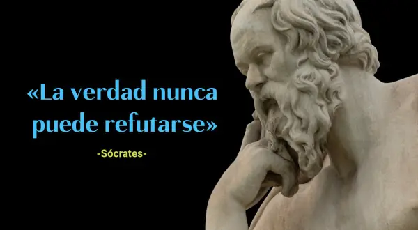 Busto de Sócrates con la frase "La verdad nunca puede refutarse", una de las frases de Sócrates que invita a la reflexión.