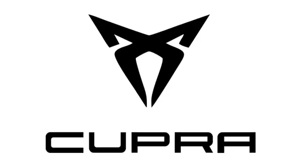 Czarny symbol i napis CUPRA na białym tle.