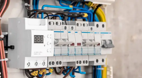 Zbliżenie na bezpieczniki i okablowanie w skrzynce elektrycznej.