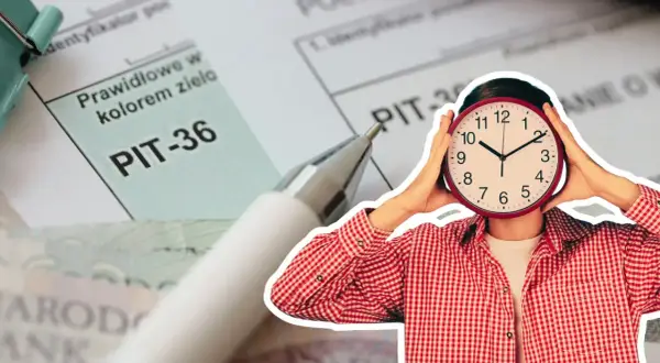 Czas ucieka, a Ty zastanawiasz się, co można odliczyć w PIT. Formularz PIT-36, długopis i zegar symbolizują pilną potrzebę rozliczenia.
